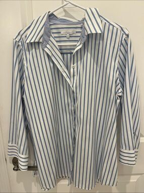 Foxcroft White and Light Blue Vertical Stripe Dress Shirt
